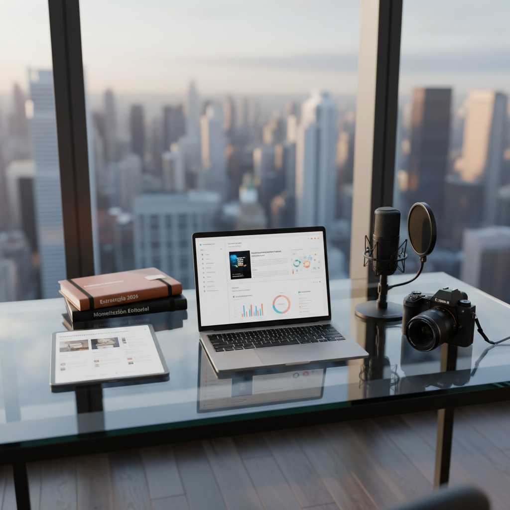 A sleek glass-topped desk covered with meticulously arranged tools of a digital communicator’s career: a high-resolution laptop displaying an analytics dashboard, a tablet with an open newsletter editor, a slim mirrorless camera, a quality microphone, and a stack of neatly labeled notebooks reading “Estrategia 2026” and “Monetización Editorial”. The desk sits in front of a large city-view window in a minimalist high-rise office. Soft morning daylight floods in, reflecting off brushed metal and glass surfaces and casting gentle shadows. Photographic realism, shot at eye level with a shallow depth of field, keeps the central devices in sharp focus while the skyline blurs into a calm, professional background, conveying strategic clarity and digital opportunity.